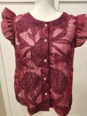 Women's Embroidered Ruffled Sleeve Blouse - Burgundy